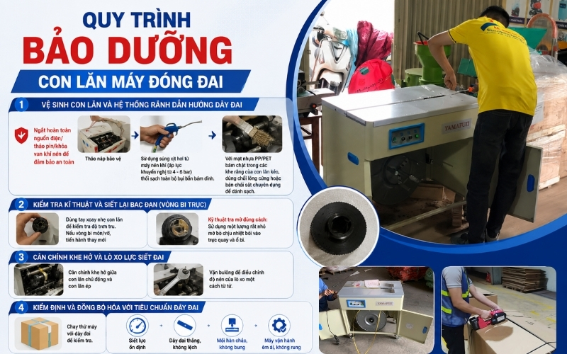Quy trình bảo dưỡng con lăn máy đóng đai  